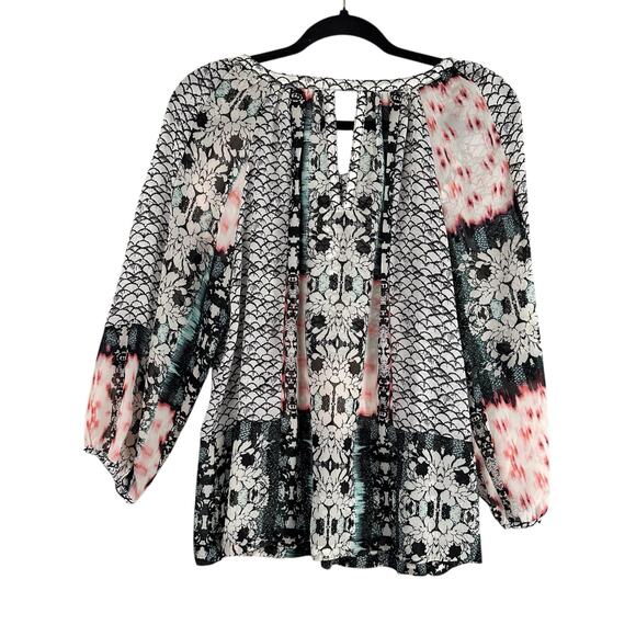 Figueroa & Flower Anthropologie Blouse Size L Mixed Print Sheer Artsy Boho Top - Picture 2 of 15